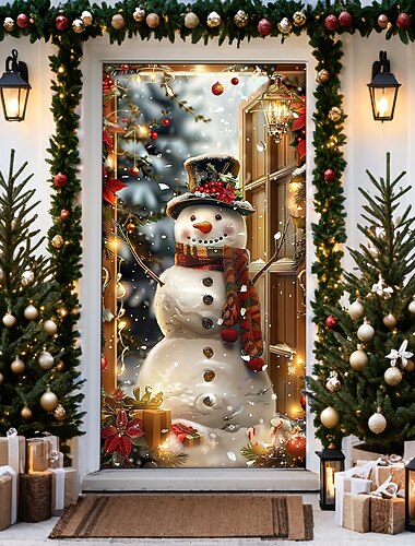  Adornos navideños para puertas, cubiertas para puertas, muñeco de nieve de Navidad, farol, tapiz para puerta, cortina para puerta, decoración, telón de fondo, pancarta para puerta de entrada,