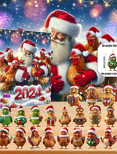  karácsonyi adventi naptár díszek,2D akril aranyos csirke baba 24db karácsonyi díszkészlet ajándék 24 napos visszaszámlálás mini függőfa karácsonyi díszek karácsonyi parti dekorációhoz