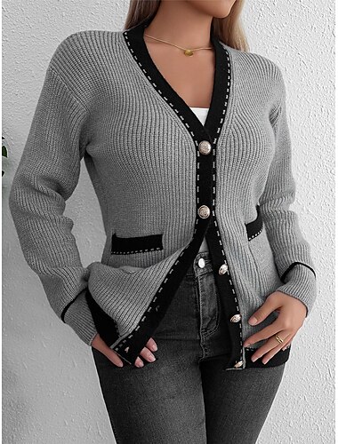  Femme Pull Chandail Gilet Cardigan Décontractées Couleur unie Bloc de couleur Col de Chemise Tricoté manche longue Hauts longs Tricoter Travail Noir Gris Automne Hiver