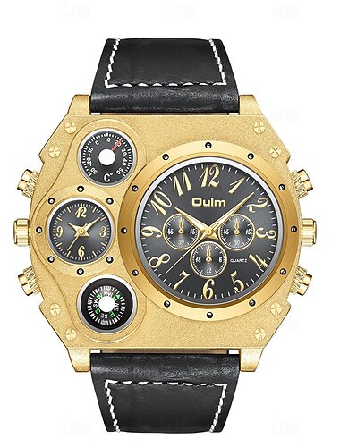  Oulm Large Dial Men Watches Luxury Brand Male Quartz Watch Big Size Men's Two Time Zone Leather Sport Wristwatches