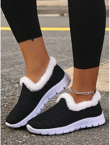  scarpe invernali slip-on nere da donna con fodera in morbida pelliccia e suola leggera, calzature comode e calde per il freddo