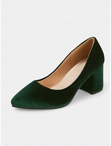  Zapatos de tacón de bloque de terciopelo verde elegantes para mujer: zapatos de vestir con punta puntiaguda para la oficina, fiestas y eventos formales