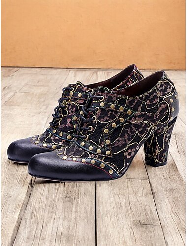  Damen-Oxford-Schuhe im Vintage-Stil mit Schnürung und Absatz – Blumenmuster mit Nietendetails für Retro- und Steampunk-Stile