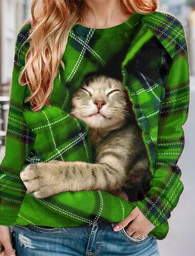  Sweatshirt für Damen, kariert, Katze, Street-Style, Print, lässig, Rundhalsausschnitt, lange Ärmel, mikroelastisch, Herbst/Winter, bequem, atmungsaktiv, weicher Stoff
