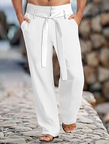  رجالي سروال الكتان بنطلونات السراويل الصيفية مع حزام جيب أمامي الساق المستقيمة سهل راحة متنفس مكتمل الطول فضفاض مناسب للبس اليومي مناسب للعطلات موضة أساسي أسود أبيض غير مطاطي