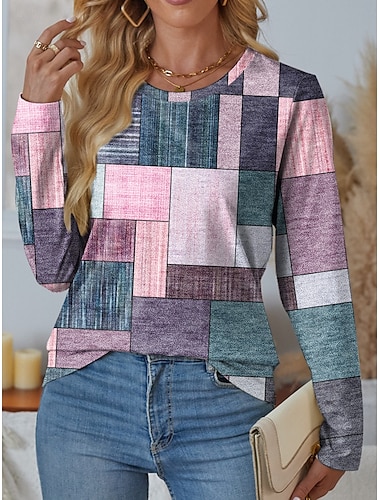  dames t-shirt casual print lange mouw normale tops ronde hals dagelijks roze lente herfst