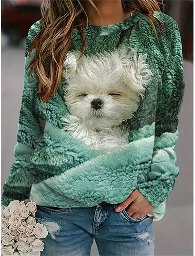  Sudadera de mujer con estampado de perro para uso diario, informal, cuello redondo, manga larga, microelástica, otoño e invierno, cómoda, transpirable, tejido suave