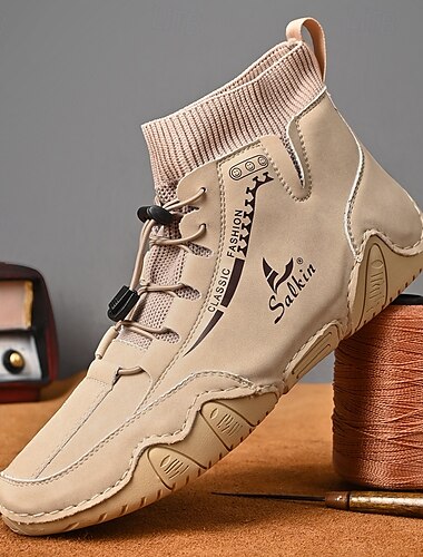  Botines casuales de piel sintética color canela para hombre con detalles cosidos a mano, parte superior de calcetín de punto y cordones ajustables: diseño cómodo y resistente para uso al aire libre y diario.