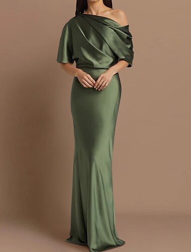  Robe fourreau pour mère de la mariée invitée de mariage soirée formelle élégante fête épaules dénudées traîne balayage  brosse satin demi-manches avec ruching 2025