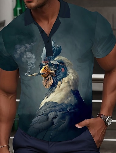  Herre Hane Golf skjorte Kortermet Poloskjorter Skjorter med krage Fritid Morsom Gateklær Ferieklær Festantrekk Knapper 3D-utskrift Sommer Svart