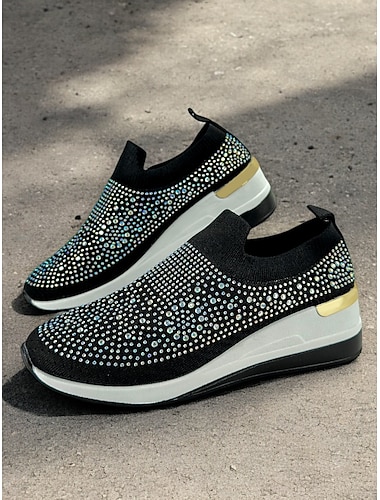  baskets à enfiler noires ornées de strass pour femmes – chaussures de sport légères et scintillantes pour une tenue décontractée