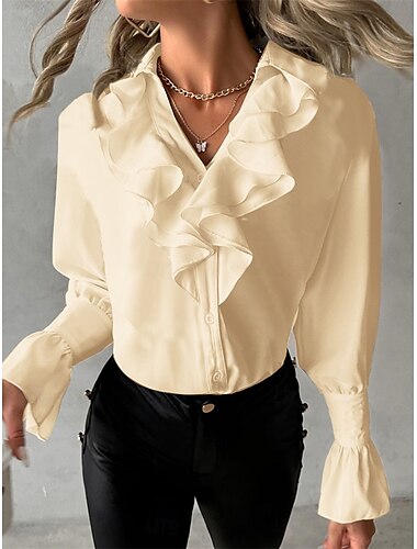  Damen Hemd Bluse Feste Farbe Elegant Geschäftlich Brautkleider schlicht Langarm V Ausschnitt Normale Oberteile Arbeit Täglich Rüsche Schwarz Weiß Grün Khaki Herbst Winter