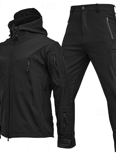  Men's Softshell Jacket Transition Jacket Set Hiking Jacket Vacation Daily Waterproof Windproof Pocket 2 Piece Spring Fall Plain Fashion Classic Hooded Regular Black Blue Khaki Army Green Gray Jacket