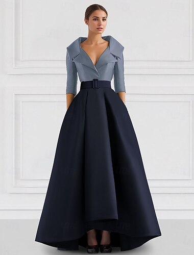  Blau Rot A-Linie Satin Formelles Abendkleid Elegantes Herbsthochzeitsgast Kleid Smoking Kleid Asymmetrische 3/4 Länge Ärmel Kragen mit Tasche 2025