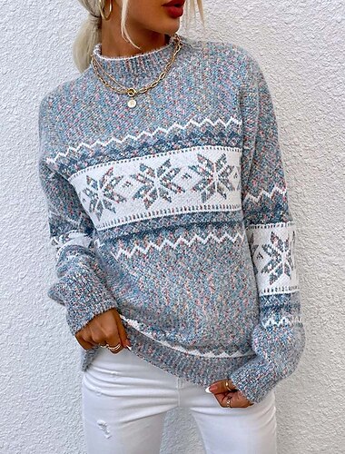  Suéter feo para mujer, cuello redondo, tejido de punto, otoño, invierno, fiesta, exterior, ropa de calle, manga larga, estampado, rosa, azul