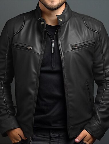  Herren Kunstlederjacke übergangsjacke Bikerjacke Rote Lederjacke Urlaub Täglich Winddicht Warm Tasche Herbst Winter Einfach Mode Klassisch Stehkragen Regulär Kunstleder Schwarz Weiß Wein Marineblau