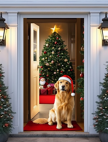  Weihnachtstürdekorationen, Türabdeckungen, Hund, Weihnachtstürteppich, Türvorhang, Dekorationskulisse, Türbanner für drinnen und draußen, für die Haustür, Bauernhaus