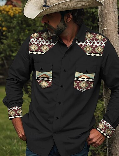  Herren Cowboy Westernhemd Knopfhemd Cowboy-Shirt Langarm Vintage Western Täglich Festtage Herbst Winter Frühling Sommer Umlegekragen Hemden mit Kragen 3D-Druck Schwarz Dunkelrot Blau