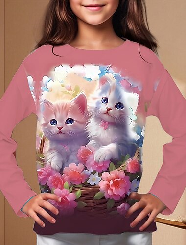  女の子 3D グラフィック 動物 猫 Tシャツ Ｔシャツ 長袖 春 秋 ファッション ベーシック 子供 4〜12年 クルーネック アウトドア カジュアル 日常 レギュラー