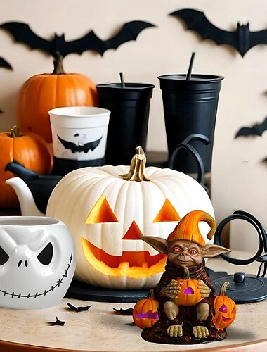  Halloween-Dekorationen leuchten Kürbislaterne Elfenharz Handwerk Dekoration Home Desktop leuchtende Koboldpuppe Dekoration LED Nachtlicht Urlaub Party Dekoration Licht 1St