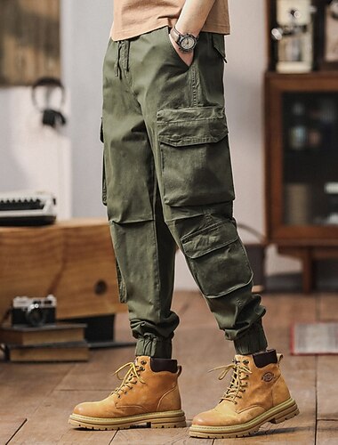 Men's Cargo Pants Trousers Drawstring Elastic Waist Multi Pocket Plain Wearable Outdoor Daily Camping & Hiking Fashion Classic Black Army Green