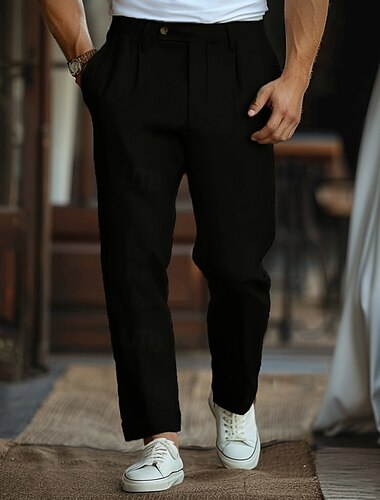  Herren Leinenhose Chinesisch Chino Feste Farbe In voller Länge Hochzeit Party Outdoor Elegant Urlaub Schwarz Weiß Mikro-elastisch