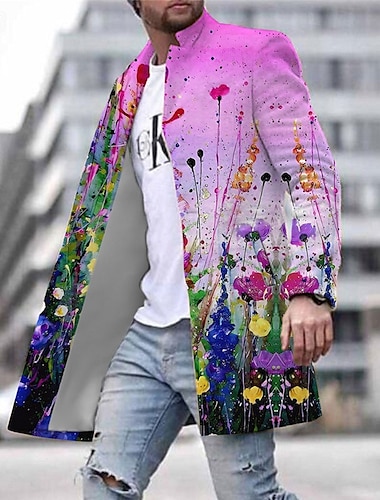  Herr Blommig Grafiska tryck Vinterkappa Rock Kappa Håller värmen Andningsfunktion Bekväm Mode Streetwear Affär Arbete Klä till Jobbet Utekväll Ficka Mönster Höst vinter Nedvikt Långärmad Gul Purpur