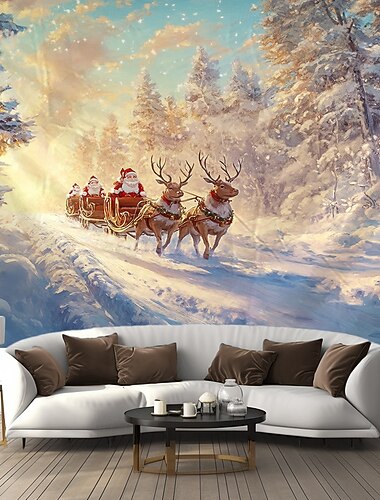  クリスマスの飾り 吊り下げタペストリー 壁アート クリスマス 鹿 サンタクロース そり 大きなタペストリー 壁画 装飾 写真 背景 ブランケット カーテン 自宅 寝室 リビングルーム