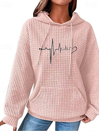  Valentinstag Damen Herz Hoodie Sweatshirt Pullover Valentinstag Lässig mit Kordelzug Druck Vordertasche Aktive Sportbekleidung Kapuze Langarmoberteil Mikro-elastisch