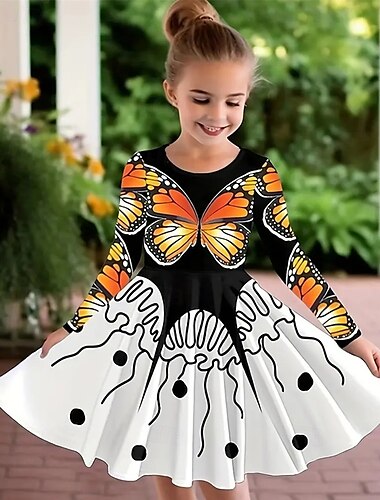  Mädchen' 3D Graphic Schmetterling Kleid Langarm Sommer Frühling Urlaub Täglich Festtage Prinzessin Schön Süß kinderkleidung 4-12 Jahre Casual kleid A Linie Kleid Knielang Regular Fit