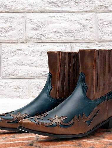  Botas vaqueras occidentales marrones y azules para hombre: diseño de piel sintética bordada para un estilo informal y campestre