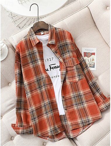  Damen Hemdjacke Shacket warm halten Atmungsaktiv Knopf Tasche Bedruckt Brautkleider schlicht Plaid Urlaub Strasse Freizeitskleidung Ausgehen Einreihiger Verschluss Standard Umlegekragen Regular Fit