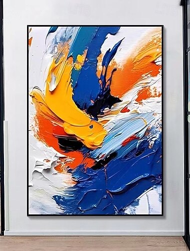  100% בעבודת יד לבן כחול צהוב ציור מרקם גדול בעבודת יד אבסטרקטית בעבודת יד ציור שמן גיאומטרי ציור קיר אמנות ציור גדול במרקם מינימליסטי לסלון עיצוב קירות אומנות אבסטרקטית