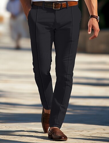  Men's Trousers Chinos Buttons Pocket With Belt Solid Color Comfort Soft Full Length Formal Office Work Elegant Vintage Black White Micro-elastic