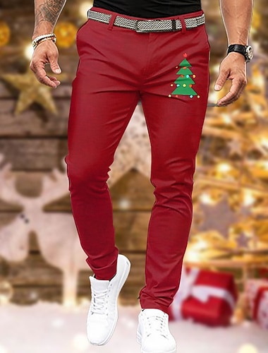  Pantalon imprimé sapin de Noël pour homme, tenue décontractée, poche zippée, taille moyenne, fête, vêtements de tous les jours, vacances, été, printemps, automne, imprimé 3D, coupe slim, inélastique