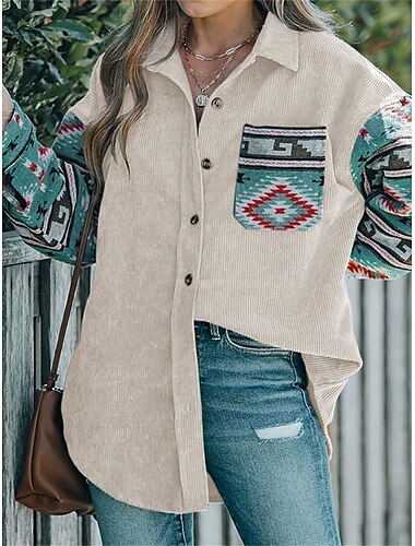  Damen Mantel Outdoor Strasse Freizeitskleidung Herbst Winter Standard Mantel Regular Fit warm Atmungsaktiv Ethnischer Stil Vintage-Stil Jacken Langarm Geometrische Muster Mit Taschen Bedruckt Khaki