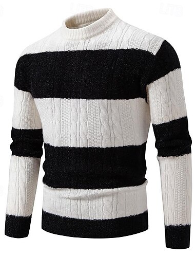  Herren Pullover Gedrehtes Grobstricken Stricken Streifen Kabel Streifen Rundhalsausschnitt Weihnachten Elegant Formal Heim Bekleidung Bischof Herbst Winter Schwarz Braun M L XL