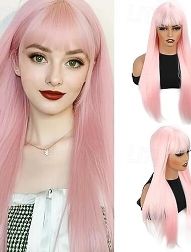 lang lige paryk med pandehår naturligt hår fiber syntetisk paryk til kvinder og piger perfekt til julefester og cosplay