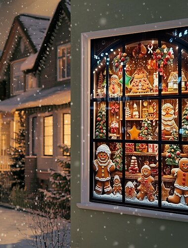  Decoraciones para ventanas navideñas, cortina de tela con diseño de tienda de pan de jengibre, póster de película, decoración para ventanas y puertas para la casa navideña, calcomanías para ventanas