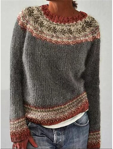  Mujer Pulóveres Suéter de punto Casual Suave Floral Graphic Estriado Cuello Barco De Punto Manga Larga Tops regulares Tejer Exterior Diario Fin de semana Azul Piscina Gris Oscuro Otoño Invierno