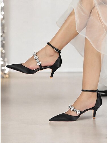  Schwarze Satin-Pumps mit Strassverzierung für Damen – Fesselriemchen, spitze Zehenpartie, elegante Abend- und Hochzeitsschuhe