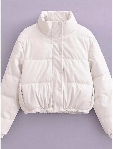  Damen puffer jacket warm halten Atmungsaktiv Zip Tasche Brautkleider schlicht Glatt Urlaub Strasse Freizeitskleidung Ausgehen Reisverschluss Kurz Ständer Regular Fit Langarm Oberbekleidung Schwarz