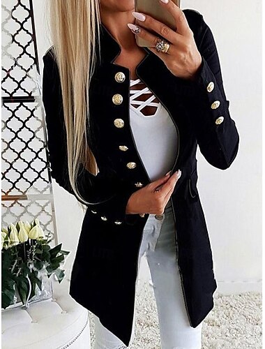  Damen Blazer Sakko Arbeit Taste Feste Farbe Atmungsaktiv OL-Stil Regular Fit Oberbekleidung Langarm Herbst Schwarz S