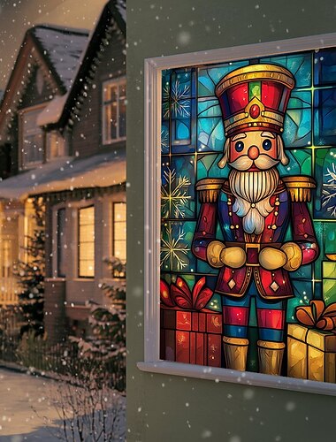  decorações de cobertura de janela de natal, cortina de vidro manchado de tecido quebra-nozes pôster de filme decoração de cobertura de porta de janela para casa de natal, adesivos de janela decalques