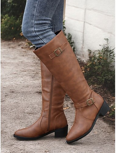  botas de montaria clássicas femininas marrons até o joelho com tiras de fivela – estilo equestre de couro sintético para uso casual e ao ar livre