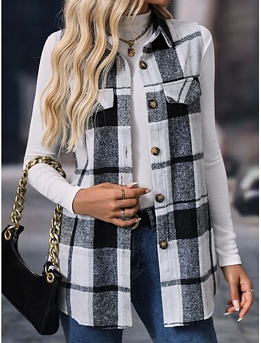  Damen Weste Outdoor Strasse Freizeitskleidung Herbst Winter Standard Mantel Regular Fit warm Atmungsaktiv Stilvoll Brautkleider schlicht Jacken Ärmellos Streifen und Plaid Mit Taschen Bedruckt Orange