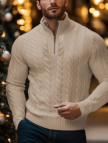  Herren Pullover Zopfmuster Stricken Kabel Feste Farbe Stehkragen Elegant Vintage Formal Heim Bekleidung Bischof Herbst Winter Schwarz Grün S M L