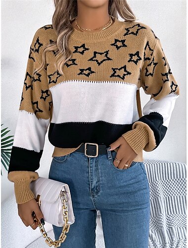  Damen Pullover Brautkleider schlicht Weich Stern Gerippt Rundhalsausschnitt Strick Langarm Normale Oberteile Stricken Outdoor Täglich Wochenende Orange Khaki Herbst Winter