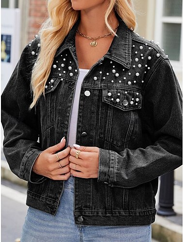  Damen Jeansjacke Outdoor Strasse Freizeitskleidung Herbst Winter Kurz Mantel Regular Fit warm Atmungsaktiv Stilvoll Brautkleider schlicht Jacken Langarm Feste Farbe Mit Taschen Perlenbesetzt Schwarz