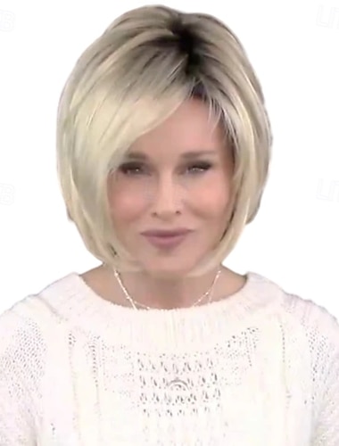  Perruque Synthétique Droit Coupe Asymétrique Perruque Court Blond Cheveux Synthétiques Femme Design à la mode Doux Naturel Blond